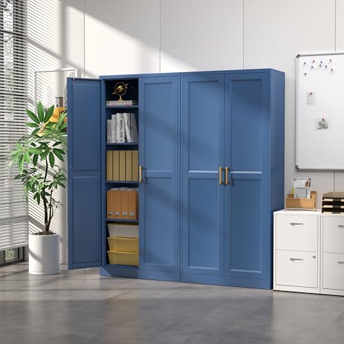 SteeLoong Kitchen Pantry Cabinet,71”Blue Metal Pantry Storage Cabinets with Doors and 4 Adjustable Shelves,Kitchen Cabinet with 2 Gold Handles,Tall Cabinet for Livingroom, SteeLoong