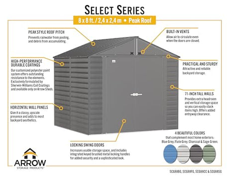 Arrow Sheds 8' x 8' Outdoor Steel Storage Shed, Light Grey Arrow