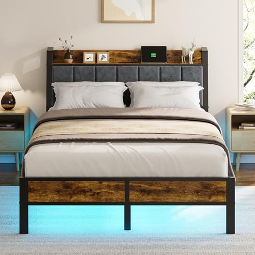 Liians Full Size Bed Frame with Smart LED Light, Wood Storage Charging Station Headboard, Metal Platform Bed, No Box Spring Required, Easy Assembly, Noise Free Liians