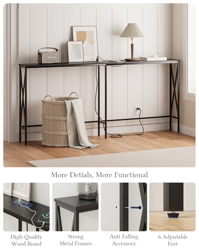 Masupu 70.9" Console Table with Power Outlet, Modern Narrow Long Sofa Table Behind Couch, Skinny Entry Table, Industrial Sofa Table with Metal Frame for Hallway, Living Room, Classic Black Masupu
