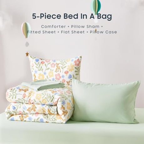 Wake In Cloud - Floral Bedding Set for Girls, Cute Colorful Botanical Flowers Deers Patterned Soft Lightweight Comforter Set with Sheets, 5 Pieces Kids Bed in a Bag, Green Cream, Twin Size Wake In Cloud
