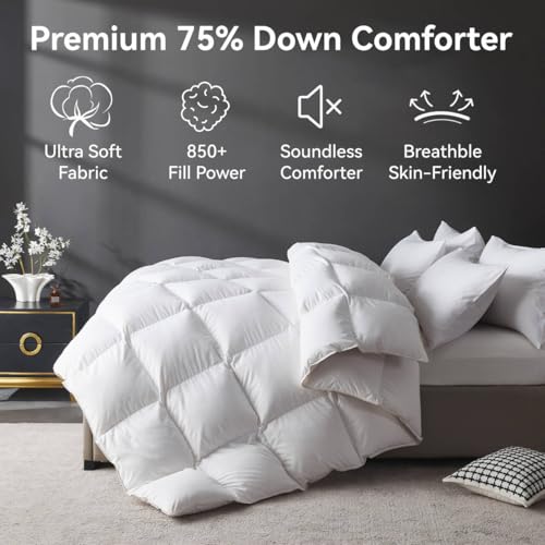 L LOVSOUL Down Comforter Queen Size, 850+ Fill Power Hotel Style Bedding Comforter, 1200TC, Fluffy Ultra Soft All Season White Duvet Insert with 8 Corner Tabs L LOVSOUL