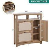 YITAHOME Farmhouse Shoe Cabinet with 2 Flip Drawers, Rattan Shoe Rack w/Adjustable Shelves and Open Storage, Rustic Wood Entryway Organizer for Hallway, Foyer, Porch, Living Room, Light Oak YITAHOME