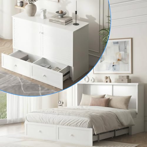 CECER Queen Size Murphy Bed with Storage & Charging Station,Multi-Functional Murphy Cabinet Bed with Mattress Included for Bedroom/Guest Room/Small Space,Easy Assembly -White CECER