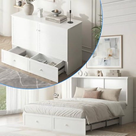 CECER Queen Size Murphy Bed with Storage & Charging Station,Multi-Functional Murphy Cabinet Bed with Mattress Included for Bedroom/Guest Room/Small Space,Easy Assembly -White CECER
