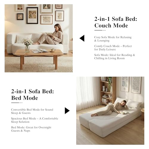 2-in-1 Folding Convertible Sofa Bed - 78 Inch Boneless Teddy Loveseat Sleeper, Foldable Floor Futon Couch with Pillow, Pull-Out Modular Matress for Small Spaces (Living Room/Bedroom/Dorm) (White) Hdxdkog