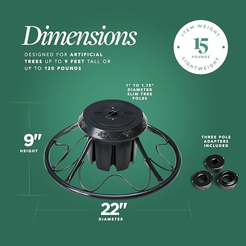 Home Heritage Artificial Christmas Tree Base Rotating Metal Stand for 1 to 1 3/4 Inch Diameter Artificial Christmas Tree Poles, 22 Inch, Black Home Heritage