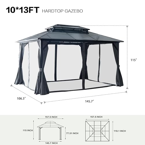 Goohome 10' x 13' Hardtop Gazebo with Galvanized Steel Double Roof, Heavy Duty Pergolas Aluminum Frame,Permanent Patio Gazebo w/Curtains and Netting, Metal Gazebo Pavilion for Party, Wedding