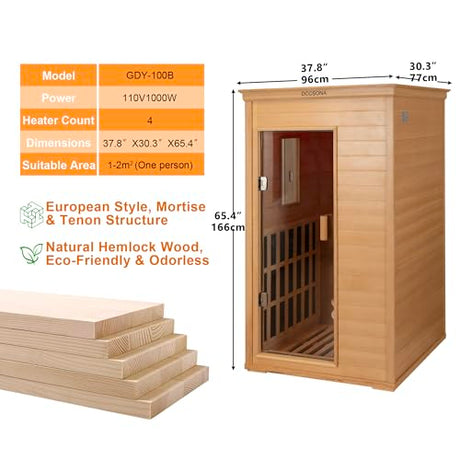 1-Person Far Infrared Sauna with Red Light Therapy – Compact Canadian Hemlock Wood Indoor Home Spa, 4 Fast Heating Panels (1000W 110V), Bluetooth, 7-Color LED & Timer – 65.4" Tall (Fits Small Spaces) DCCSONA