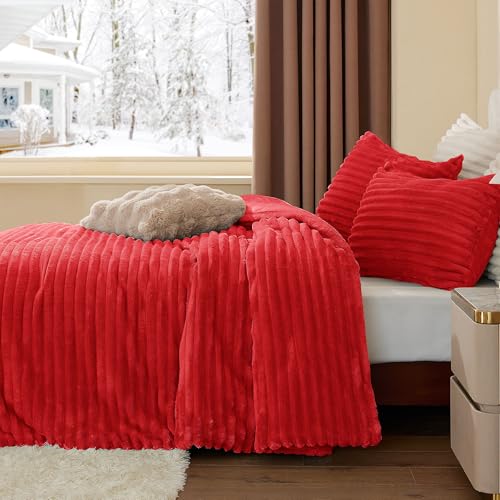 BEDELITE Fleece Queen Comforter Set -Super Soft & Warm Fluffy Red Bedding, Luxury Fuzzy Heavy Bed Set for Winter with 2 Pillow Cases BEDELITE