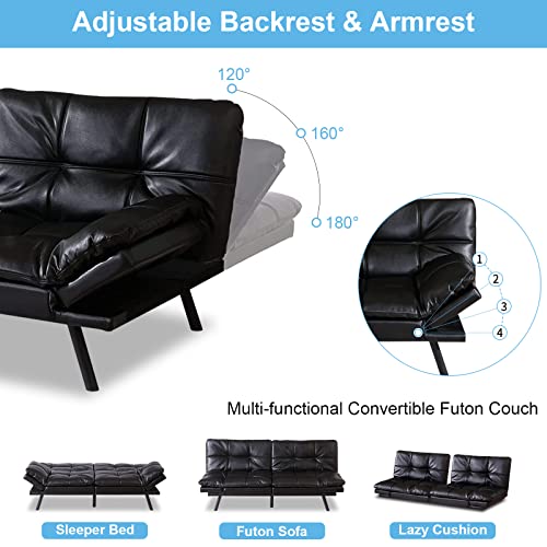 Black Faux Leather Futon Convertible Couch Bed Folding Memory Foam Sleeper Loveseat Adjustable Lounge Futon Sets Sofabed for Living Room,Apartment,Dorm,Office Opoiar