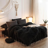HAIHUA Plush Black Comforter Cover Queen Set, Soft Faux Fur Fluffy Black Bedding Queen Set 3 Pieces (1 Fuzzy Duvet Cover + 2 Furry Pillow Cases) Shaggy Bed Set, Zipper Closure HAIHUA