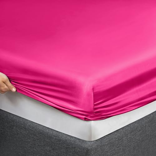 Vonty Satin Sheets Queen Size Silky Soft Satin Bed Sheets Hot Pink Sheet Set, 1 Deep Pocket Fitted Sheet + 1 Flat Sheet + 2 Pillowcases Vonty