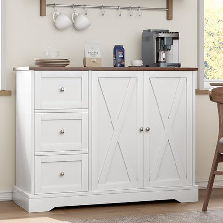 Garvee Buffet Cabinet with Drawers, 42" Large Sideboard Buffet Storage Cabinet with Shelves and Doors, Modern Farmhouse Coffee Bar Station Wood Kitchen Table for Kitchen, Dining Room, White Garvee