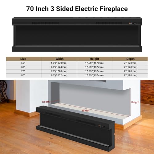 STRICWARM 70 inch 3 Sided Electric Fireplace Insert with Touchscreen, Smart Recessed/Built-in Linear Electric Fire Place Heater 1500W, Multi-Color Realistic Flames, APP Control, Timer, Log & Crystal STRICWARM