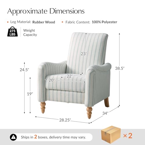 HULALA HOME Farmhouse Recliner Chairs Set of 2 with Solid Wood Spindle Legs, Striped Push Back Recliner Armchairs with Adjustable Backrest & Footrest, Comfy High Back Lazyboy Single Sofas, Blue