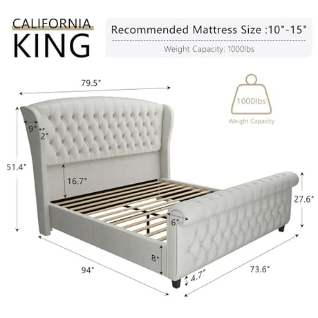 AMERLIFE California King Size Platform Bed Frame, Velvet Upholstered Sleigh Bed with Scroll Wingback Headboard & Footboard/Button Tufted/No Box Spring Required/Cream AMERLIFE
