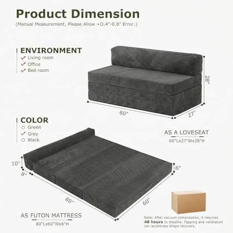 NLDD 5-in-1 Convertible Sofa Bed, Boneless Loveseat Sleeper, Tri-fold Futon Sofa Bed with Removable Cushions & Washable Cover, Pull Out Couch with Handle, for Small Spaces, Queen Size, Grey NLDD