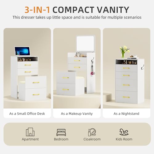 Gurexl 3 in 1 Vanity Desk with Flip Top Mirror for Bedroom,Small Compact Vanity with Visible Glass Desktop for Cloakroom,Makeup Vanity Set with 3 Drawers,Cushioned Stool,Dressing Table,White Gurexl