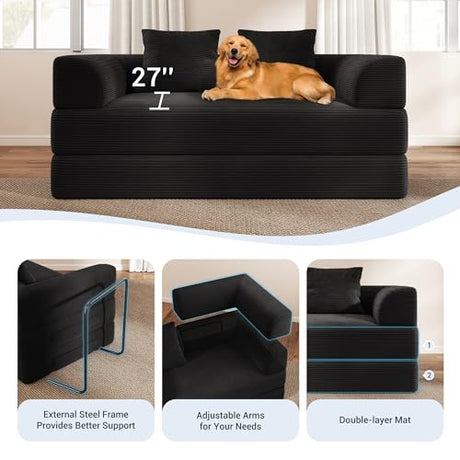 Cloud Boneless Convertible Sofa Bed, 4-in-1 Foldable Compressed High-Density Sponge Sofa, 70" Corduroy Fabric 3 Seater Sleeper Couch Futon Daybed for Living Room Bedroom (Black) Living&Giving