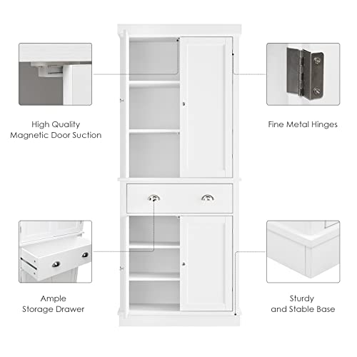 FOTOSOK 72" Utility Pantry Storage Cabinets for Kitchen, Dining Room, Living Room, White , Freestanding Cupboard with 4 Doors, Drawer, 4 Shelves