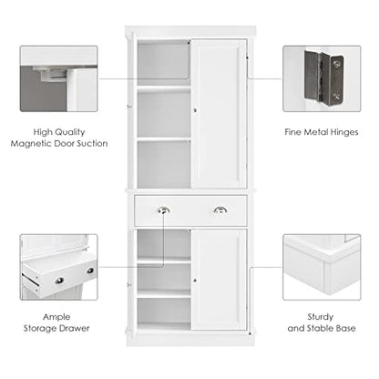 FOTOSOK 72" Utility Pantry Storage Cabinets for Kitchen, Dining Room, Living Room, White , Freestanding Cupboard with 4 Doors, Drawer, 4 Shelves