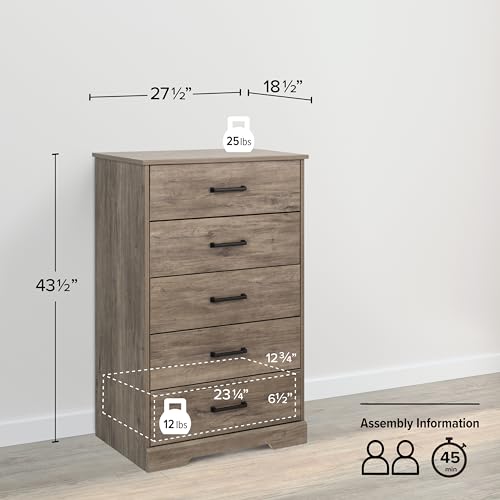 Prepac Dresser for Bedroom, Chest 5 Drawers, 18.5" D x 27.5" W x 43.5" H, Rustic Brown - WoodArtSupply