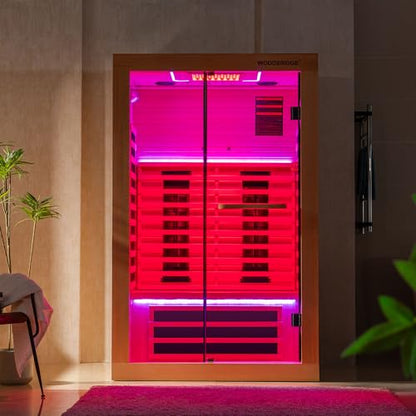 WOODBRIDGE Infrared Home Sauna Room 2 Person Hemlock Wooden Indoor Sauna,7 Carbon 1980W/120V Heaters,with Led Color Therapy Light,Bluetooth Speaker,Tempered Glass,Touch-Tone Keypad and A Top Vent