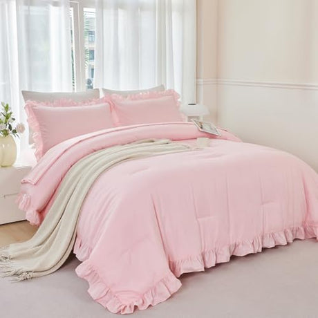 ANGIYUIN 5 Pieces Pink Twin Size Comforter Set for Girls Ruffled Kids Bed in A Bag with Sheet Sets Farmhouse Shabby Bedding Sets with Ruffle Soft Fluffy Bed Sets (Pink Twin) ANGIYUIN