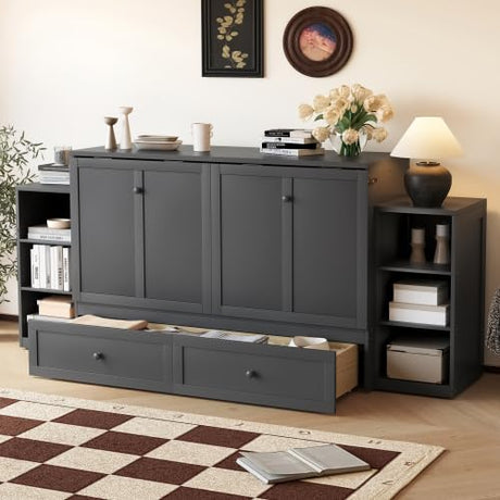 Bellemave Queen Size Murphy Bed, Cabinet Bed with 2 Shelves and Storage Drawers, Farmhouse Murphy Cabinet, Noisy Free, for Guest Bedroom, Living Room, Office, Vintage Dark Gray Bellemave