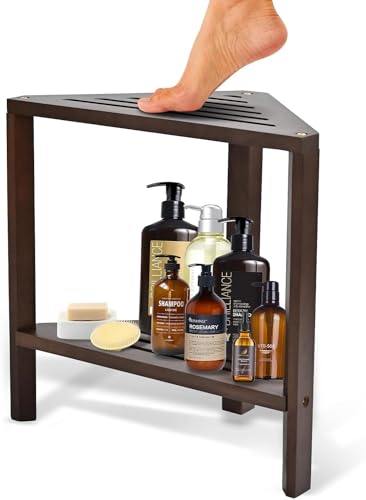 TIRYIUOU Corner Shower Stool, Wood Shower Bench Seat, Shower Benches for Inside Shower, Shower Foot Stool for Shaving Legs, Bathroom Bench, Bath Seat, Spa Foot Rest, with 2 Storage Shelves,Waterproof