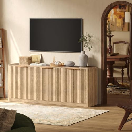 Evermagin 67" Fluted Oak Buffet Cabinet Sideboard with Storage, Large Credenza with 6 Doors, Wood Mid Century Modern Sideboard for Kitchen and Living Room (67"*31.5"*15.7") Evermagin