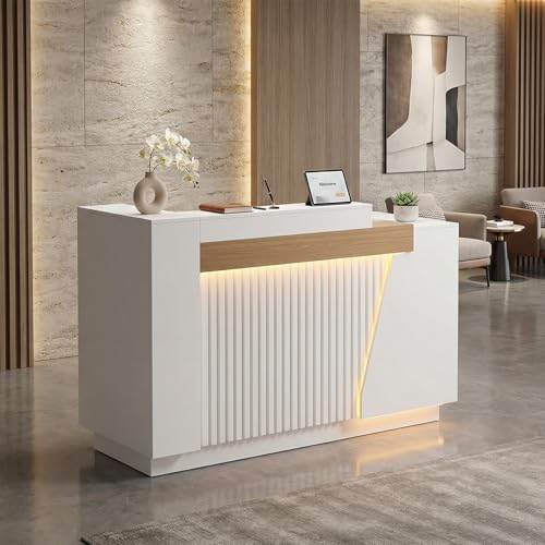 Modern Reception Desk with LED Lights & Built-in Outlets, 63” L-Shaped Front Desk with Slatted Grille Design,White Checkout Counter for Salon, Retail Store, Office, Dimmable Switch Laxodor