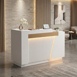 Modern Reception Desk with LED Lights & Built-in Outlets, 63” L-Shaped Front Desk with Slatted Grille Design,White Checkout Counter for Salon, Retail Store, Office, Dimmable Switch Laxodor