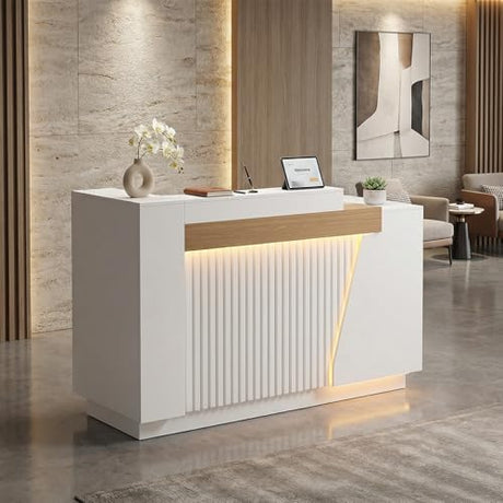 Modern Reception Desk with LED Lights & Built-in Outlets, 63” L-Shaped Front Desk with Slatted Grille Design,White Checkout Counter for Salon, Retail Store, Office, Dimmable Switch Laxodor