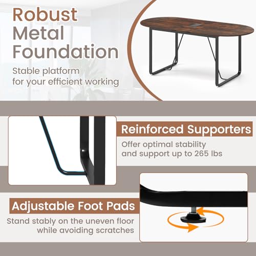 GOFLAME 71 Inches Executive Table, Oval Home Office Table with Cable Management Hole & Metal Frame, Seminar, Conference Table for 10 People, Large Business Furniture for Meeting Room GOFLAME