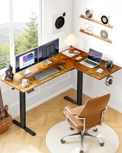 HUANUO 71x48 inch Dual Motor L Shaped Electric Standing Desk with 3 Preset Heights, Electric Height Adjustable Computer Table, 2 Hooks & Cable Tray, Raising Desk for Home Office, Vintage Brown HUANUO