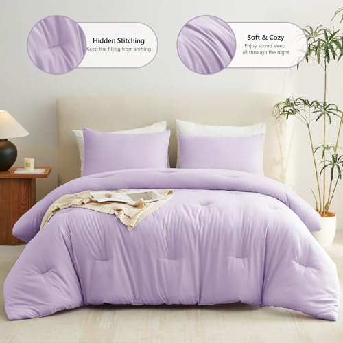 CozyLux Lavender Full Size Comforter Set, 3 Pieces Light Purple Solid Breathable Quilted Boho Bedding Sets, Luxury Fluffy Soft Bed Set with Down Alternative Comforter and 2 Pillowcases for All Season CozyLux
