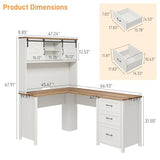Vabches Farmhouse 68" H L Shaped Desk with Hutch,Office Table with 3 Drawers and Sliding Doors, Executive Desk with File Drawers and Charging Station, Wood Workstation for Home Office and Study Vabches