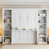 Ball & Cast Full Size Murphy Bed Wood Hideaway Cabinet Platform Bedframe with Desk and Bookshelf,Wall Chest w/Slat Support & Storage Racks,can be Folded,Space-Saving,for Small Room,Dorms,White Ball & Cast