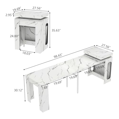 Extendable Dining Table with Charging Station & LED Lights, 19.7" to 98.4" White Faux Marble Dining Table, Rectangle Console Table for 2-8, Modern Space Saving Kitchen Island Table (No Chairs) Gyfimoie