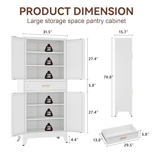 XIOMIOHTRQ Metal Storage Cabinet, 71” Tall Kitchen Pantry Cabinets, Steel File Cabinet with 4 Doors & Adjustable Shelves and Drawer for Kitchen, Dining Room, Living Room, Bathroom XIOMIOHTRQ