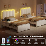 YITAHOME Twin Size Bed Frame with Drawer, Adjustable Headboard with Charging Station and LED Lights, Upholstered Platform Bed with Heavy Duty Wood Slats, No Box Spring Needed, Easy Assembly, Beige YITAHOME