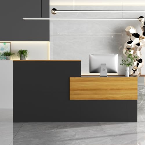 85.8 inches Reception Desk with Counter Modern Front Table Checkout Counter Table Retail Counter for Reception Room,Salon,Office,Store,Shop,Clinic,Lobbies,Retail,Home,Black and Natural