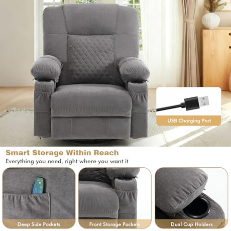Overstuffed Fabric Swivel Rocker Recliner with Massage and Heat,360° Recliner Chair Rocking Glider Chair with Cup Holder for Adult,Grey Comermax