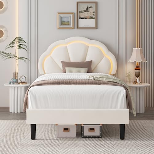 HIFIT Twin Upholstered LED Bed Frame with Adjustable Petal Headboard in Beige - Soft Velvet Princess Platform Bed for Kids HIFIT