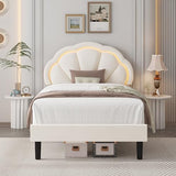 HIFIT Twin Upholstered LED Bed Frame with Adjustable Petal Headboard in Beige - Soft Velvet Princess Platform Bed for Kids HIFIT