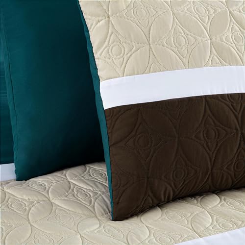 Chezmoi Collection Upland 7-Piece Quilted Patchwork Comforter Set, Teal/Beige/Brown, King Chezmoi Collection