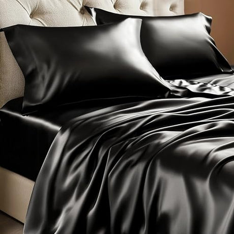 BEDELITE Satin Sheets Twin XL Size Bed Set, Luxury Soft Black Silky Sheets for Hair and Skin, Similar to Silk Bed Sheets Set 3 Pieces with 1 Deep Pocket Fitted Sheet, 1 Flat Sheet, and 1 Pillowcase BEDELITE