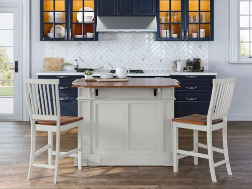 Homestyles Americana Kitchen Island with Wood Top and Drop Leaf Breakfast Bar, Storage with Drawers and Adjustable Shelves, 50 Inch Width, 49.75 inches, White and Oak homestyles